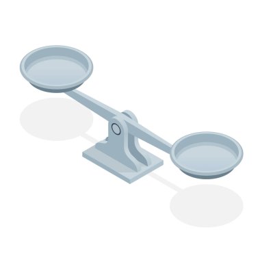 Beyaz arka planda izole edilmiş İzometrik denge ölçekleri. Hukukun ve adaletin sembolü.