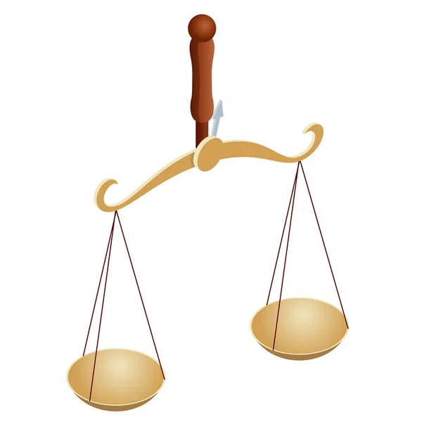 法と正義、法と正義、法学、法学のアイソメトリックシンボル。天秤 座。バランスのとれたスケールのボウル、スケールの不均衡. — ストックベクタ