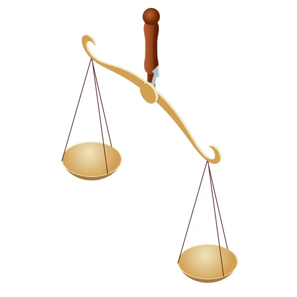 Isométrico símbolo de la ley y la justicia, el derecho y la justicia, legal, jurisprudencia. Libra. Cuencos de balanzas en equilibrio, un desequilibrio de balanzas . — Vector de stock