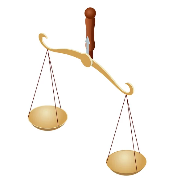 Izometrický symbol práva a spravedlnosti, práva a spravedlnosti, právní, judikatura. Váhy. Misky vah v rovnováze, nerovnováha vah. — Stockový vektor