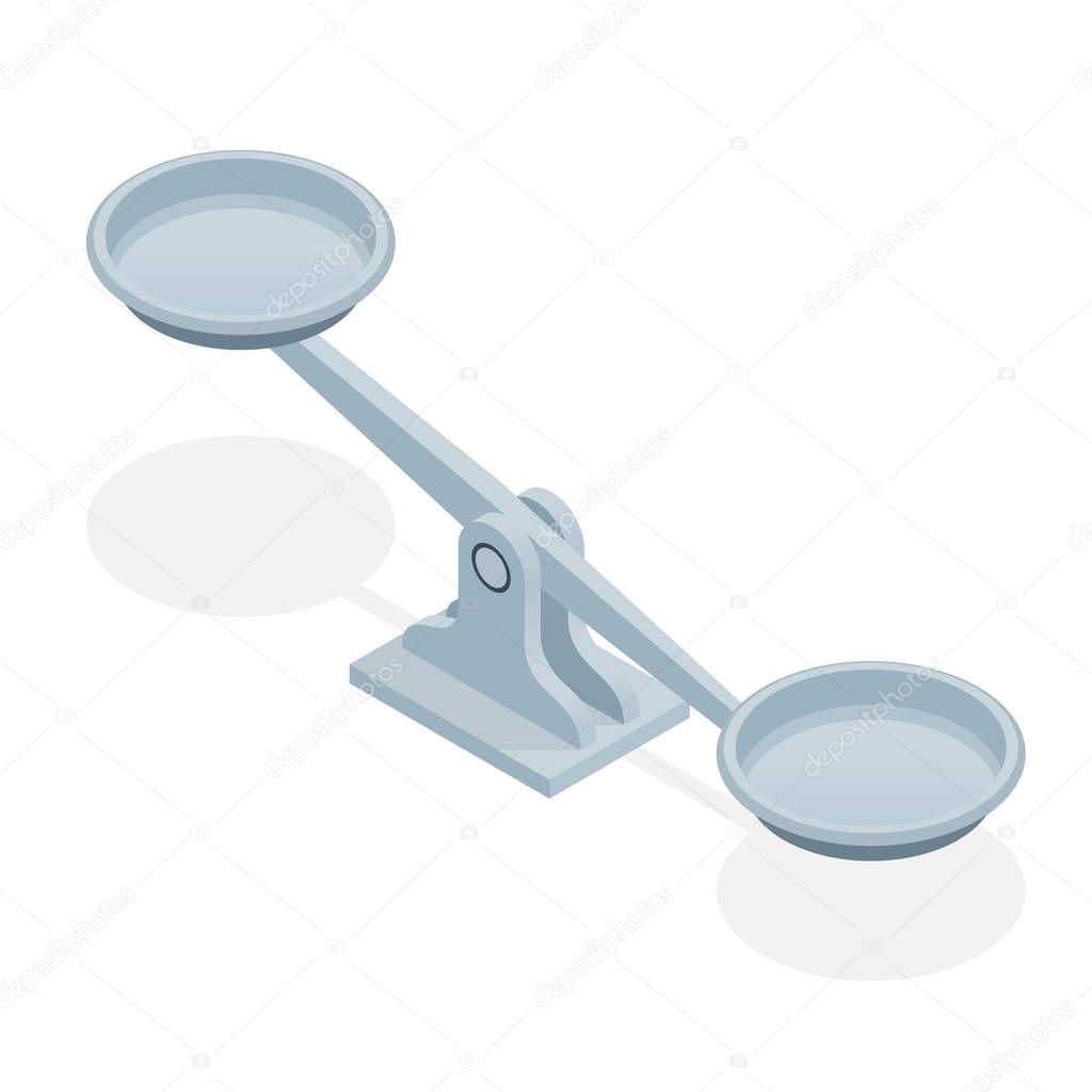 Isometric balance scales isolated on white background. Symbol of law and justice.