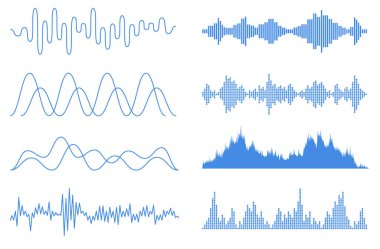 Mavi ses dalgaları ayarlanır. Ses ekolayzırı teknolojisi, nabız müzikali. Müzik ses frekansı, ses hattı dalga formu, elektronik radyo sinyali, ses seviyesi sembolü