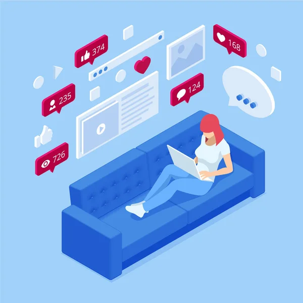Woman and laptop with fashion blogger site. Isometric freelancing, creative blogging, commercial blog posting, copywriting, content marketing strategy. — Stock Vector