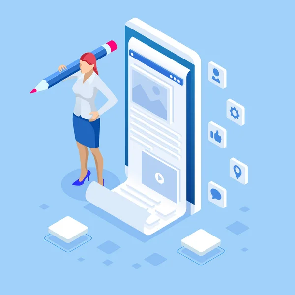 Femme et smartphone avec le site de blogueur de mode. Isometric freelance, blogging créatif, blog commercial, copywriting, stratégie de marketing de contenu . — Image vectorielle