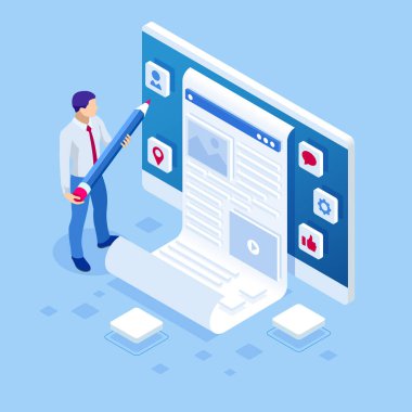 Moda blogger sitesi ile adam ve dizüstü bilgisayar. İzometrik freelancing, yaratıcı bloglama, ticari blog gönderme, copywriting, içerik pazarlama stratejisi.