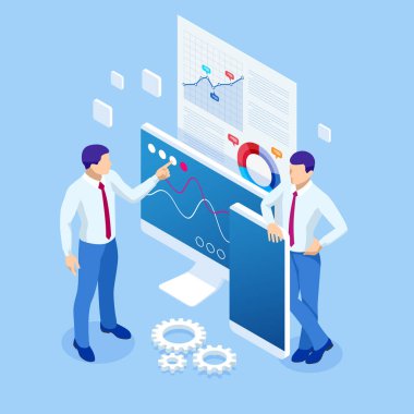 İzometrik iş analitiği ve finansal teknoloji, veri görselleştirme kavramı. Büyük veri, bulut bilgi işlem, istatistiksel model kullanarak İş Analitiği teknolojisi.
