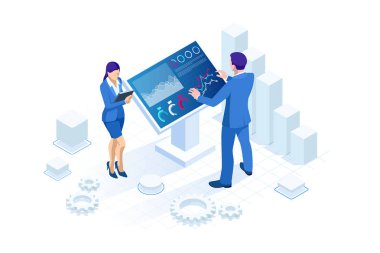 Veri analizi için büyük ekranın önünde ki otometrik erkek. İstatistik ve iş bildirimi, Analytics panosu, iş analizi konsepti
