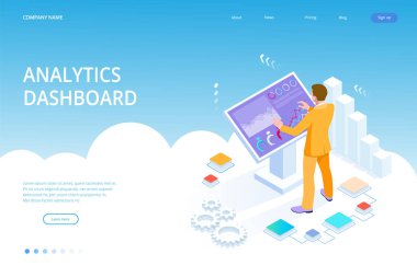 Veri analizi için büyük ekranın önünde ki otometrik erkek. İstatistik ve iş bildirimi, Analytics panosu, iş analizi konsepti