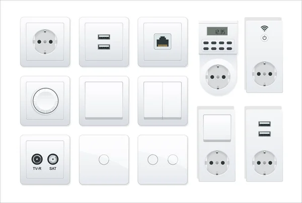 Switches and sockets set. All types. AC power sockets realistic illustration — Stock Vector