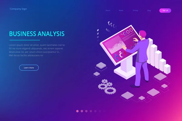 Homem isométrico em frente à tela grande para análise dos dados. Estatísticas e declaração de negócios, Painel de análise, conceito de análise de negócios — Vetor de Stock