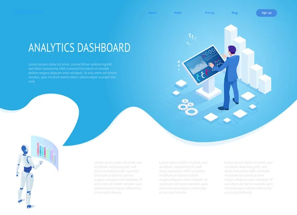 Homme isométrique devant le grand écran pour l'analyse des données. Statistiques et déclaration d'entreprise, Tableau de bord analytique, concept d'analyse d'entreprise — Image vectorielle