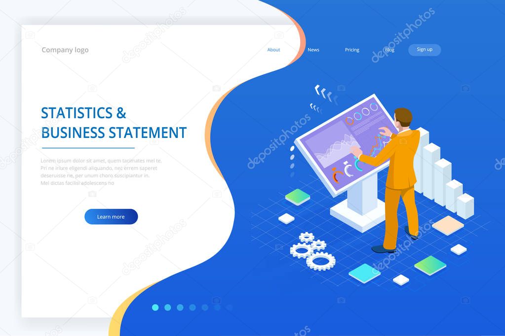 Isometric male in front of the big screen for data analysis. Statistics and business statement, Analytics dashboard, business analysis concept