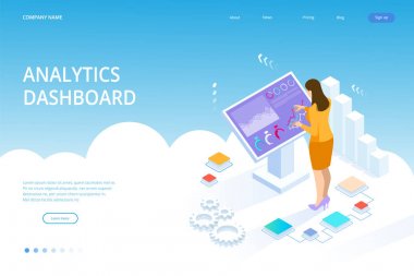 Infographics ile izometrik Dijital monitör. Büyük ekranda kadın ayakta. İş yardımı kavramı. İnteraktif bilgi kiosk, reklam ekranı, Terminal standı