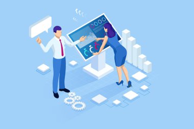 Infographics ile izometrik Dijital monitör. Büyük ekranda kadın ayakta. İş yardımı kavramı. İnteraktif bilgi kiosk, reklam ekranı, Terminal standı