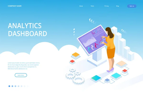 Monitor digital isométrico com infográficos. Mulher em pé na grande exposição. Conceito de assistência empresarial. Quiosque de informações interativo, exibição de publicidade, suporte de terminal —  Vetores de Stock