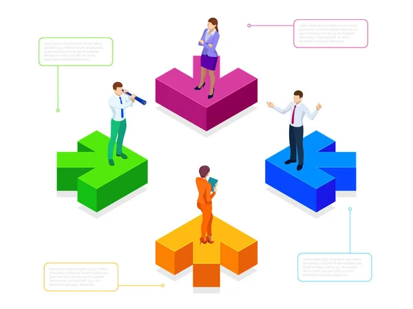 Infographies commerciales isométriques. Flèche moderne. Chronologie avec 4 cercles, étapes, options de nombre . — Image vectorielle