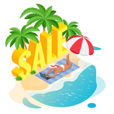 Isometrik Yaz Satılık Promo web banner şablonu, indirim teklifi. Mevsimlik tasarımınız için promosyon rozeti. Satış Arka Planı.