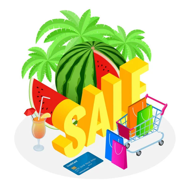 Isometrische zomer Sale promo web banner sjabloon, korting aanbieding. Promo Badge voor uw seizoensgebonden ontwerp. Verkoop achtergrond met watermeloen. — Stockvector