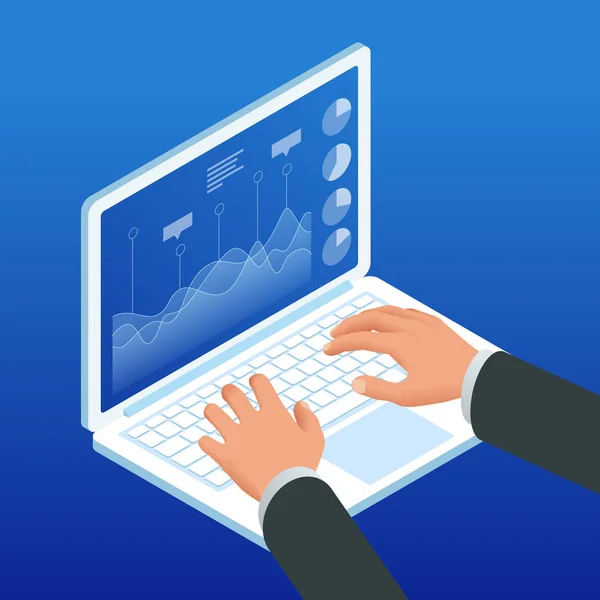 Mãos isométricas no teclado do laptop. Calendário do gráfico de trabalho do empresário, metodologia de planejamento de dados do relatório financeiro . —  Vetores de Stock