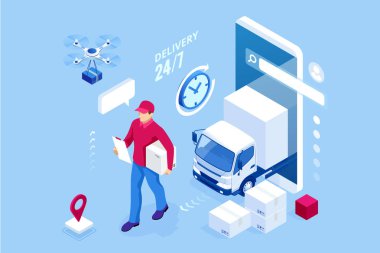 Isometric Lojistik ve Teslimat konsepti. Eve ve ofise teslimat. Şehir lojistiği. Depo, kamyon, forklift, kurye, dron ve teslimatçı..