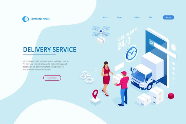 Isometric Logistics and Delivery concept. Livraison à domicile et au bureau. Logistique municipale. Entrepôt, camion, chariot élévateur, messager, drone et livreur. — Image vectorielle