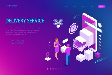 Isometric Lojistik ve Teslimat konsepti. Eve ve ofise teslimat. Şehir lojistiği. Depo, kamyon, forklift, kurye, dron ve teslimatçı..