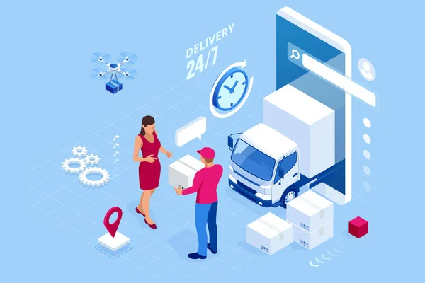 Isometrische logistiek en leveringsconcept. Bezorging thuis en op kantoor. Stadslogistiek. Magazijn, vrachtwagen, vorkheftruck, koerier, drone en bezorger. — Stockvector