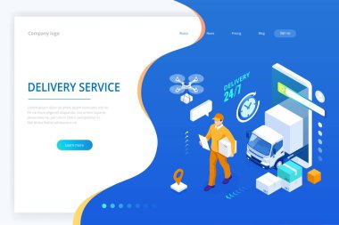 Isometric Lojistik ve Teslimat konsepti. Eve ve ofise teslimat. Şehir lojistiği. Depo, kamyon, forklift, kurye, dron ve teslimatçı..