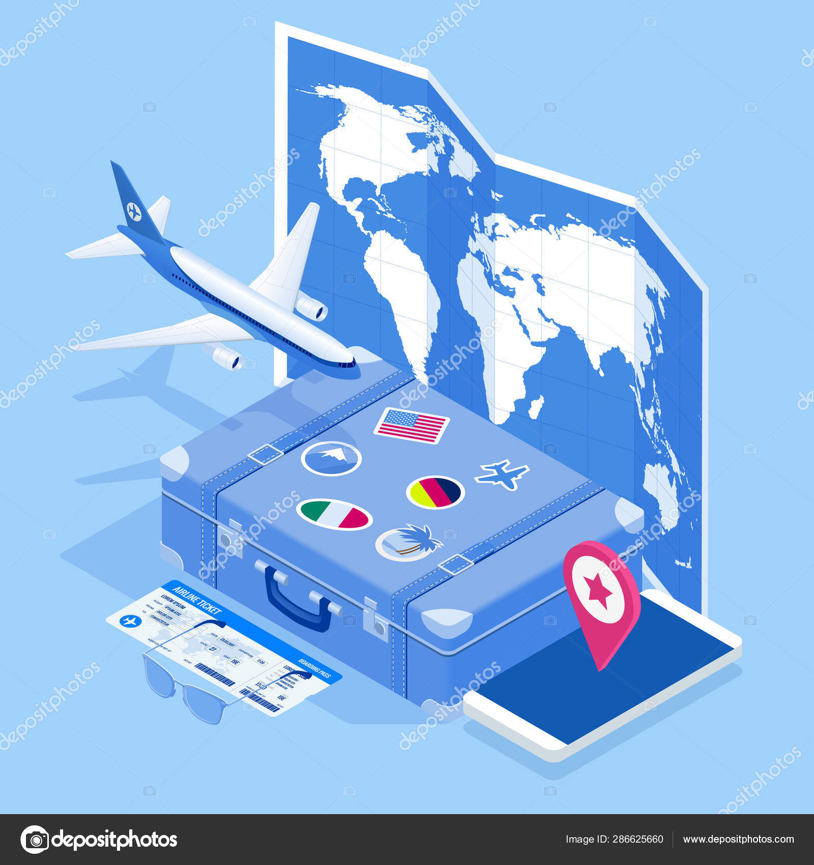 Isometric Travel and tourism background. Buying or booking online 