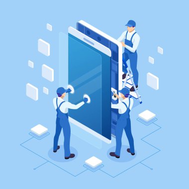 Isometrik akıllı telefon onarım ve servis afiş şablonu. Elektronik tamir. Telefon tamir servisi üniformalı erkekler