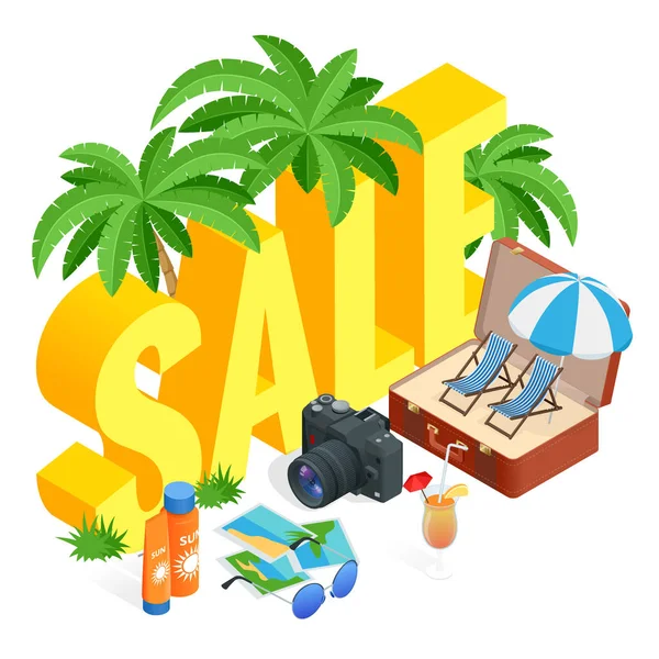 Isometrische zomer Sale promo web banner sjabloon, korting aanbieding. Promo Badge voor uw seizoensgebonden ontwerp. Verkoop achtergrond. — Stockvector