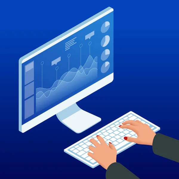 Mãos isométricas no teclado e no monitor do computador. Calendário do gráfico de trabalho da mulher de negócios, metodologia de planejamento de dados do relatório financeiro . —  Vetores de Stock