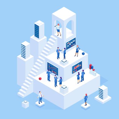 İzometrik iş adamları, temel performans göstergeleri ve iş zekası ile finansal göstergeyi analiz ediyor. Yeni iş fikirleri, startup'lar, çalışanlar ara.