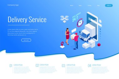 Isometric Lojistik ve Teslimat konsepti. Eve ve ofise teslimat. Şehir lojistiği. Depo, kamyon, forklift, kurye, dron ve teslimatçı..
