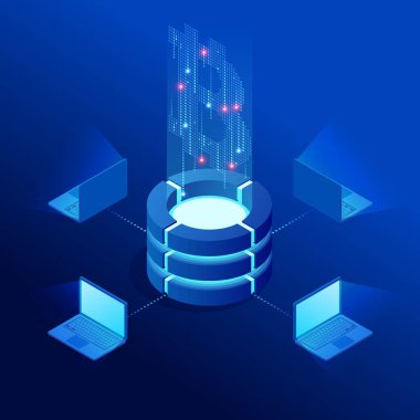 İzometrik cryptocurrency iş insanları madenci ve sikke kavramı. Bitcoin cryptocurrency madencilik çiftliği. Cryptocurrency düzenlenebilir afiş şablonu.