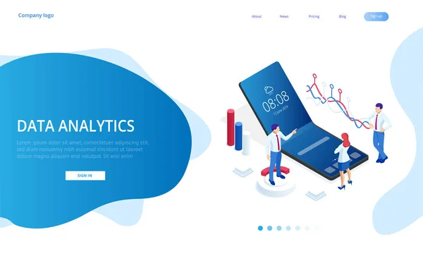Landing page with Isometric Business and Finance Analysts, Analyzing Key Performance Indicators, Business Data Analyst and Auditing — Stock Vector