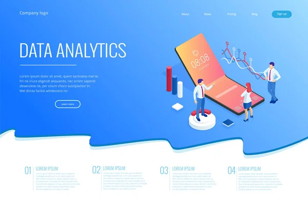 Zielseite mit isometrischen Geschäfts- und Finanzanalysten, Analyse von Schlüsselindikatoren, Analyse von Geschäftsdaten und Wirtschaftsprüfung — Stockvektor