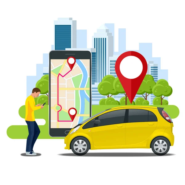 Muž s smartphone si pronajímá auto na internetu s mapou města na obrazovce. Služba sdílení aut. — Stockový vektor