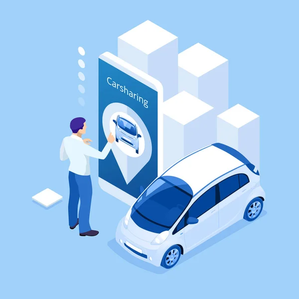 Isometrisk man håller en smartphone att hyra en bil på nätet. Bil delningstjänst. — Stock vektor