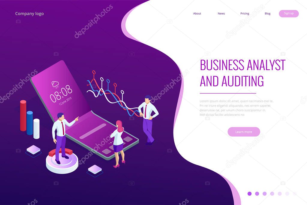 Landing page with Isometric Business and Finance Analysts, Analyzing Key Performance Indicators, Business Data Analyst and Auditing