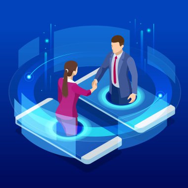 Izometrik iş el sıkışma, küresel online işbirliği, takım işbirliği, sosyal ağ ve headhunting kavramı. Şablon açılış sayfası.