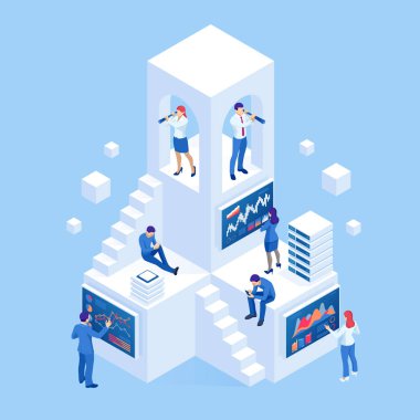 İzometrik iş adamları, temel performans göstergeleri ve iş zekası ile finansal göstergeyi analiz ediyor. Yeni iş fikirleri, startup'lar, çalışanlar ara.