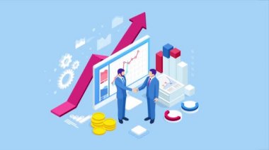 Isometrik Başarılı iş işbirliği. İşadamları el sıkışıyor. B2b. İş zekası analitiği için veri ve temel performans göstergeleri Hd Video