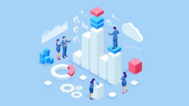 İzometrik Veri Analizi ve İstatistik. İş analitiği, Veri görselleştirme. Teknoloji, Internet ve ağ konsepti. Veriler ve yatırımlar. Hd Video.