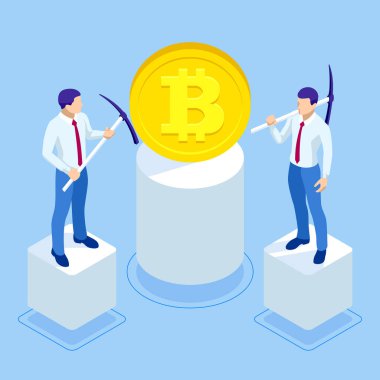 İzometrik cryptocurrency iş insanları madenci ve sikke kavramı. Bitcoin cryptocurrency madencilik çiftliği. Cryptocurrency düzenlenebilir afiş şablonu.