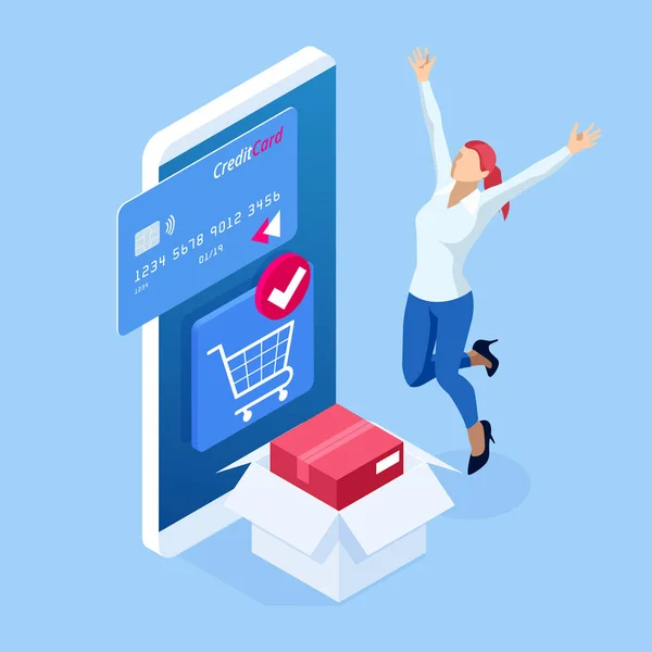 Modello di sito web isometrico dell'app di consegna isometrica. banner per lo shopping online, servizio di consegna veloce. Donna che utilizza carta di credito e smartphone vuoto shopping online su internet — Vettoriale Stock