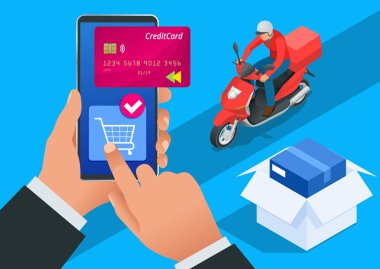 İzometrik teslimat uygulaması izometrik Web sitesi şablonu. Online alışveriş afiş, hızlı teslimat hizmeti. İnternet 'te kredi kartı ve boş Smartphone Online alışveriş kullanan kadın