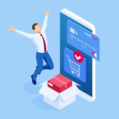 İzometrik teslimat uygulaması izometrik Web sitesi şablonu. Online alışveriş afiş, hızlı teslimat hizmeti. İnternet 'te kredi kartı ve boş Smartphone Online alışveriş kullanan kadın