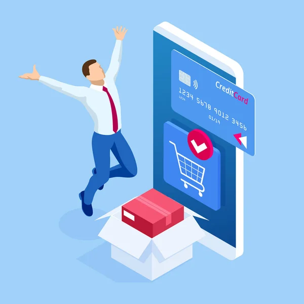 Isometric Delivery App modelo de site isométrico. Banner de compras on-line, serviço de entrega rápida. Mulher usando cartão de crédito e smartphone em branco compras on-line na internet — Vetor de Stock