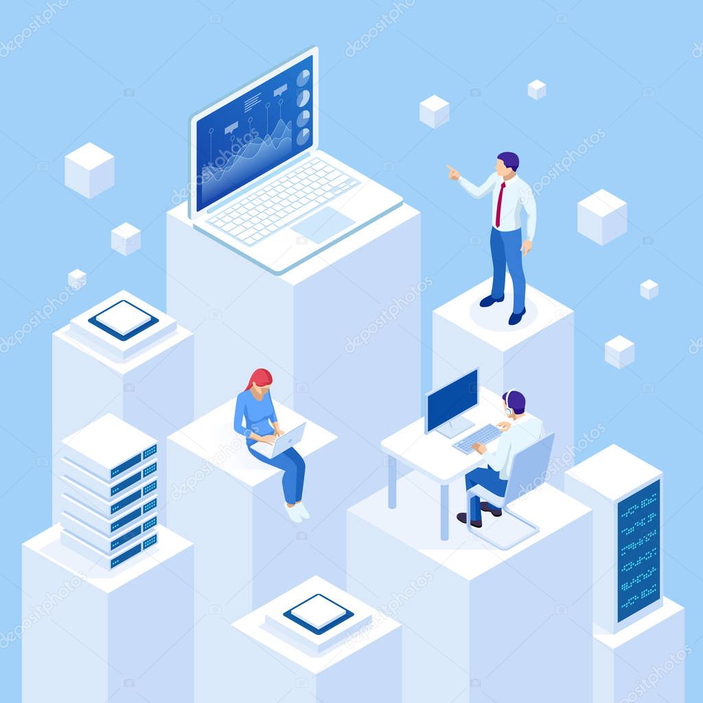 Isometric concept of business analysis, analytics, research, strategy statistic, planning, marketing, study of performance indicators.